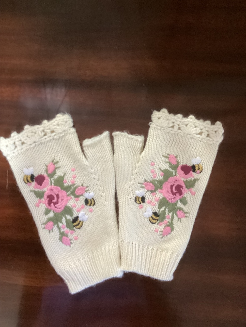 Pink Floral Embroidered Fingerless Gloves